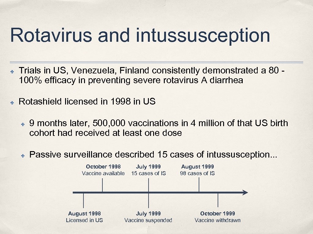 Rotavirus and intussusception ✤ ✤ Trials in US, Venezuela, Finland consistently demonstrated a 80