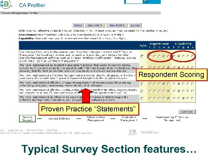 Respondent Scoring Proven Practice “Statements” Typical Survey Section features… 