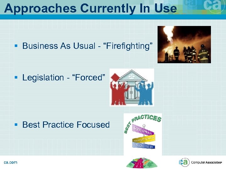Approaches Currently In Use § Business As Usual - “Firefighting” § Legislation - “Forced”