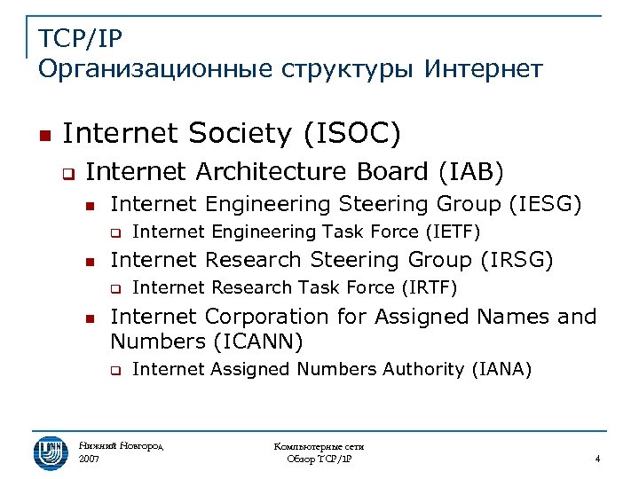 TCP/IP Организационные структуры Интернет n Internet Society (ISOC) q Internet Architecture Board (IAB) n