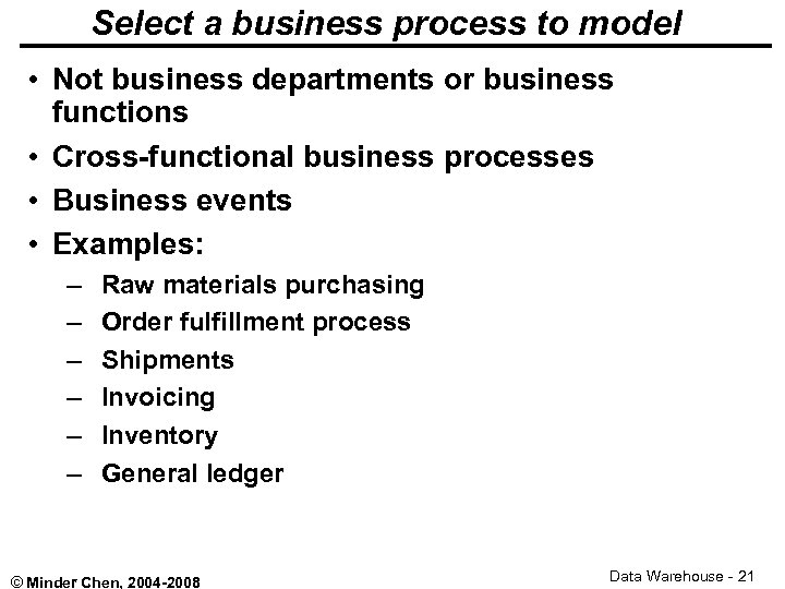Select a business process to model • Not business departments or business functions •