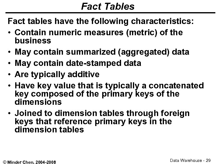 Fact Tables Fact tables have the following characteristics: • Contain numeric measures (metric) of
