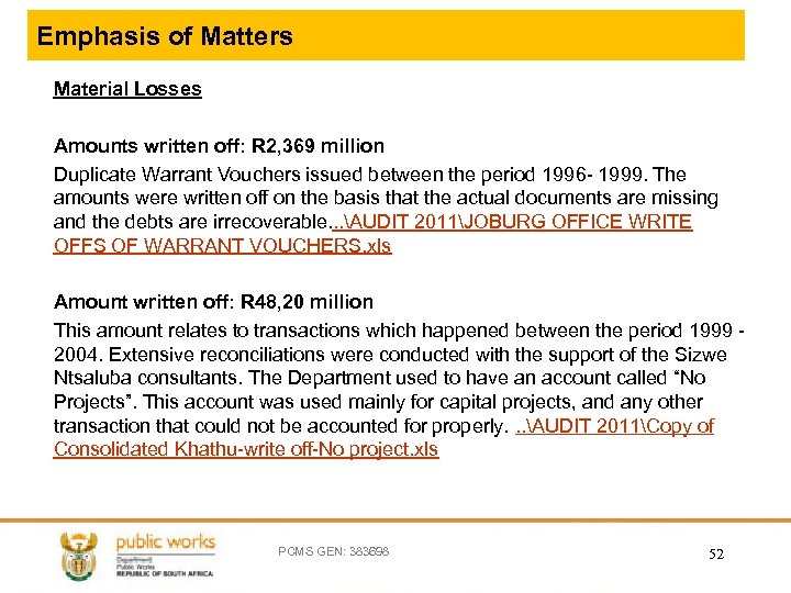 Emphasis of Matters Material Losses Amounts written off: R 2, 369 million Duplicate Warrant