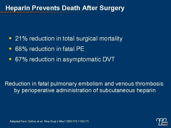 Heparin Prevents Death After Surgery § 21% reduction in total surgical mortality § 68%