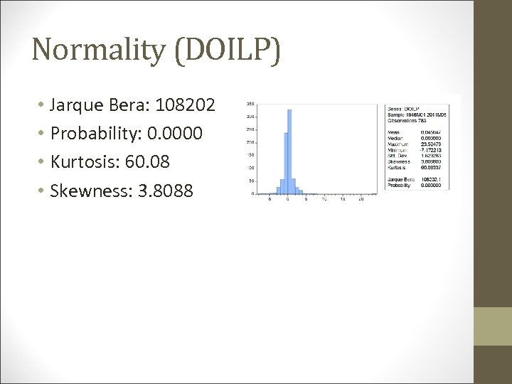 Normality (DOILP) • Jarque Bera: 108202 • Probability: 0. 0000 • Kurtosis: 60. 08