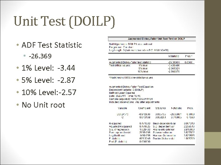 Unit Test (DOILP) • ADF Test Statistic • -26. 369 • 1% Level: -3.