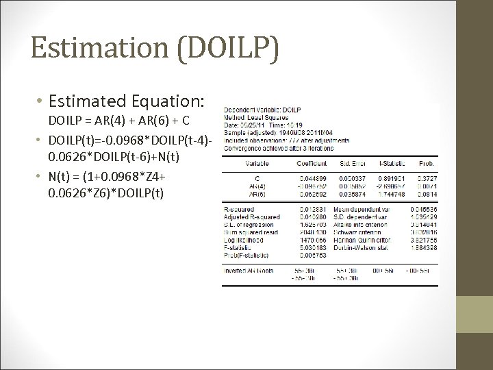 Estimation (DOILP) • Estimated Equation: DOILP = AR(4) + AR(6) + C • DOILP(t)=-0.