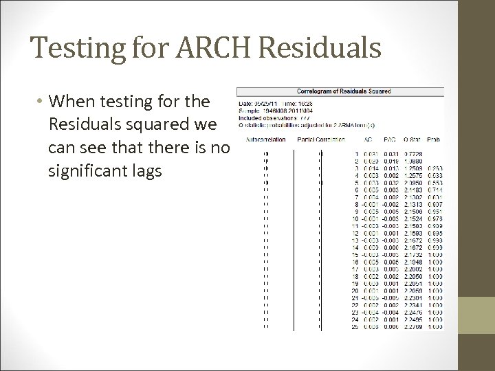 Testing for ARCH Residuals • When testing for the Residuals squared we can see