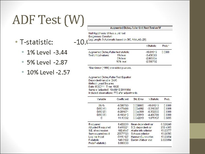 ADF Test (W) • T-statistic: • 1% Level -3. 44 • 5% Level -2.