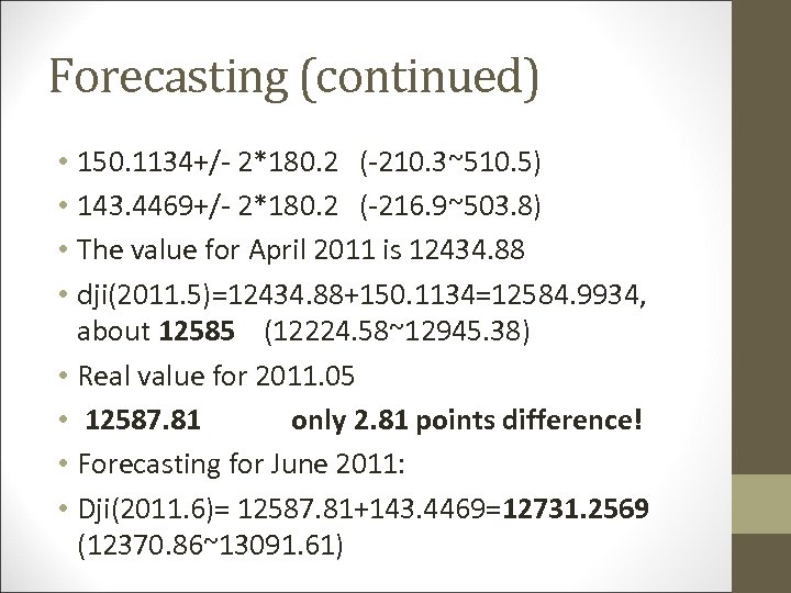 Forecasting (continued) • 150. 1134+/- 2*180. 2 (-210. 3~510. 5) • 143. 4469+/- 2*180.