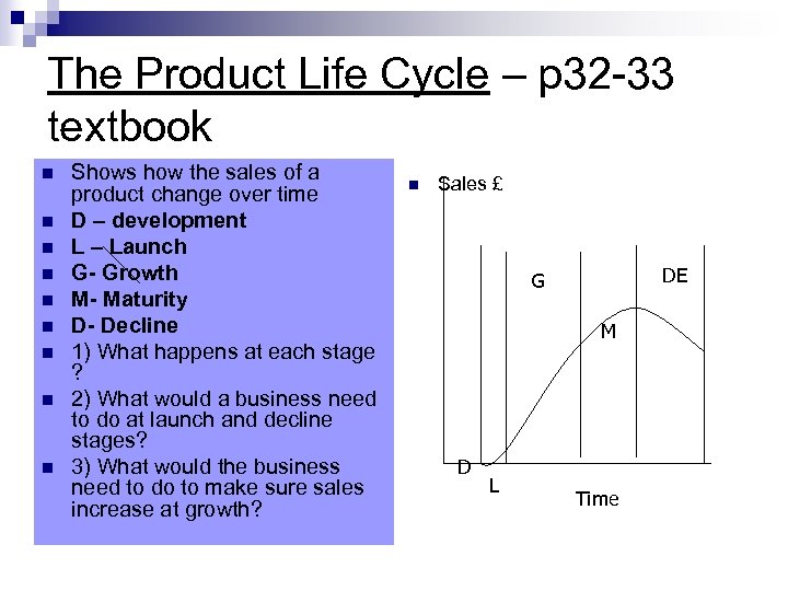 The Product Life Cycle – p 32 -33 textbook n n n n n