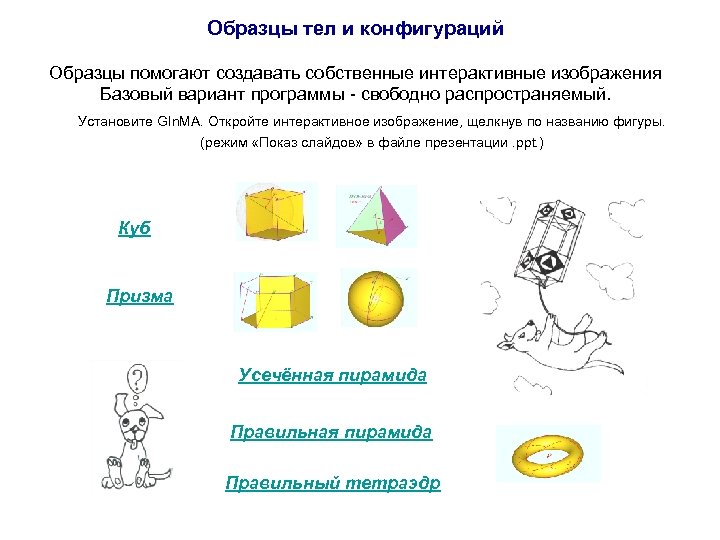 Образцы тел и конфигураций Образцы помогают создавать собственные интерактивные изображения Базовый вариант программы -