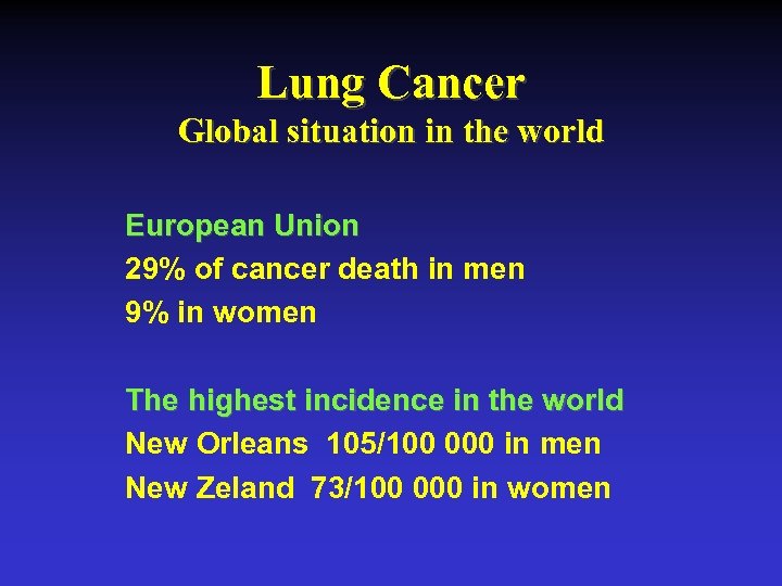 Lung Cancer Global situation in the world European Union 29% of cancer death in