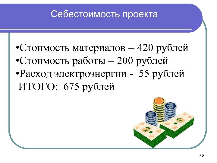 Себестоимость проекта • Стоимость материалов – 420 рублей • Стоимость работы – 200 рублей