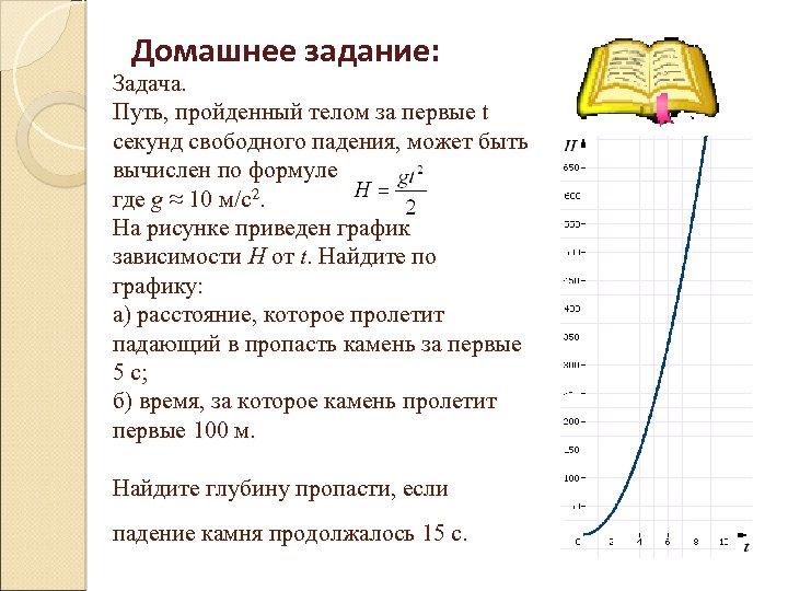 Домашнее задание: Задача. Путь, пройденный телом за первые t секунд свободного падения, может быть