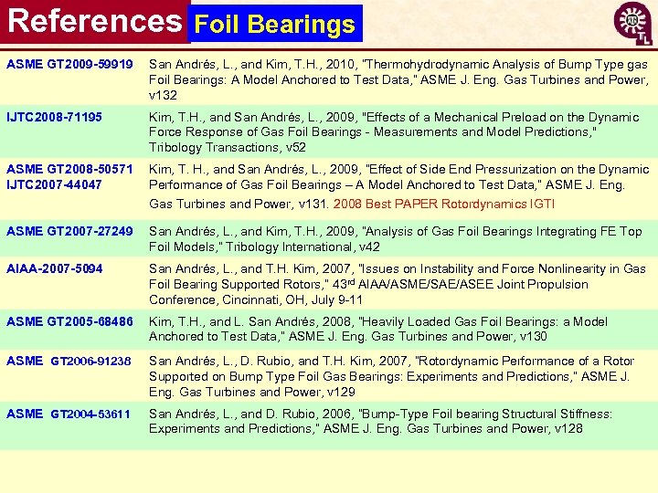 References Foil Bearings ASME GT 2009 -59919 San Andrés, L. , and Kim, T.
