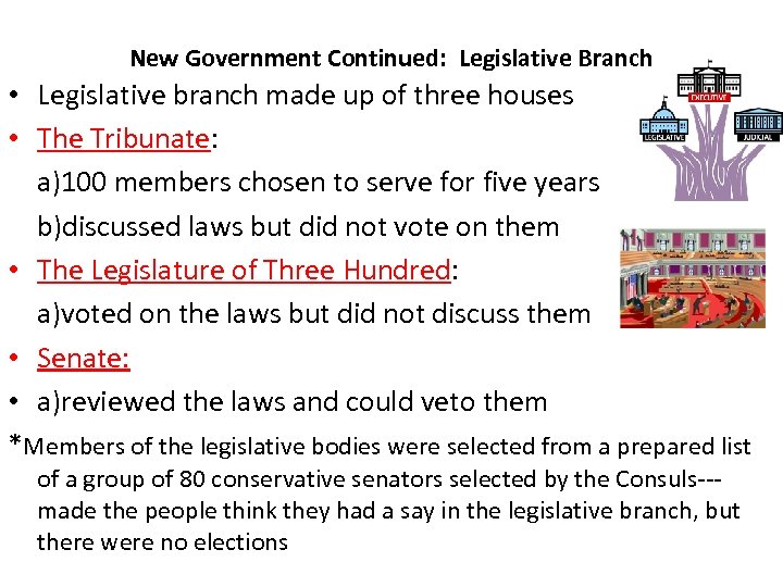 New Government Continued: Legislative Branch • Legislative branch made up of three houses •