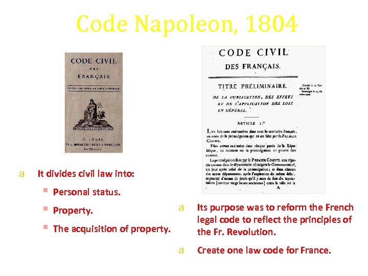 Code Napoleon, 1804 a It divides civil law into: § § § Personal status.