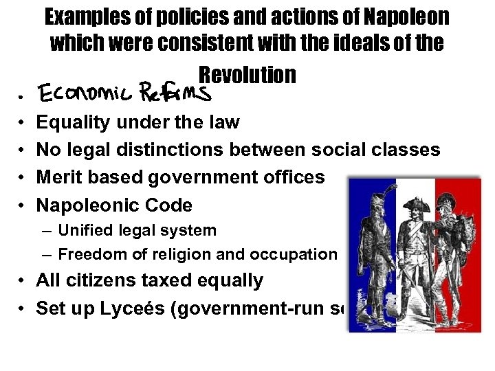 Examples of policies and actions of Napoleon which were consistent with the ideals of