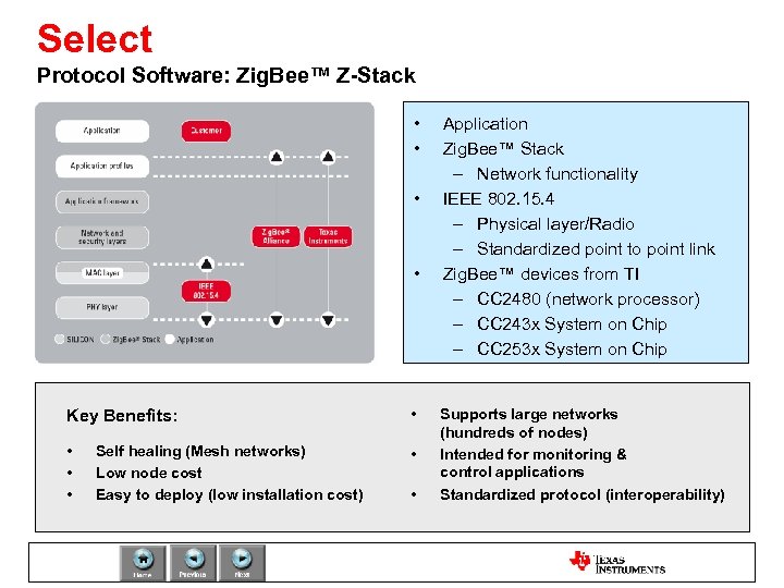 Select Protocol Software: Zig. Bee™ Z-Stack • • Key Benefits: • • • Self