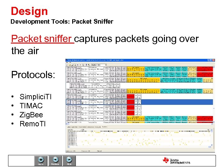 Design Development Tools: Packet Sniffer Packet sniffer captures packets going over the air Protocols: