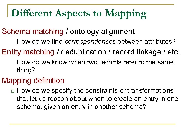 Different Aspects to Mapping Schema matching / ontology alignment How do we find correspondences