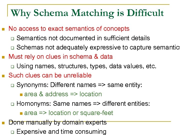 Why Schema Matching is Difficult n n No access to exact semantics of concepts