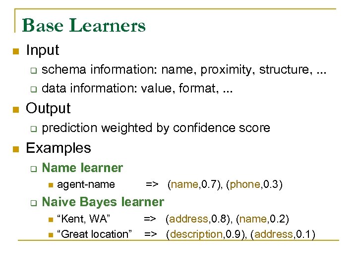 Base Learners n Input q q n Output q n schema information: name, proximity,