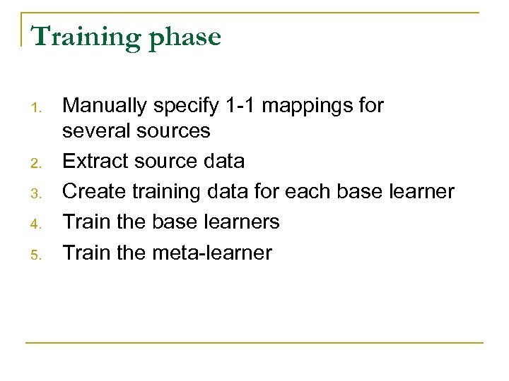 Training phase 1. 2. 3. 4. 5. Manually specify 1 -1 mappings for several