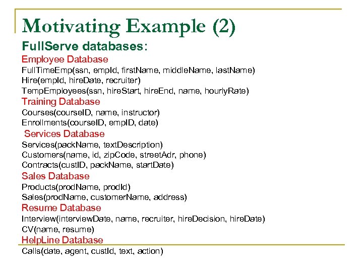 Motivating Example (2) Full. Serve databases: Employee Database Full. Time. Emp(ssn, emp. Id, first.