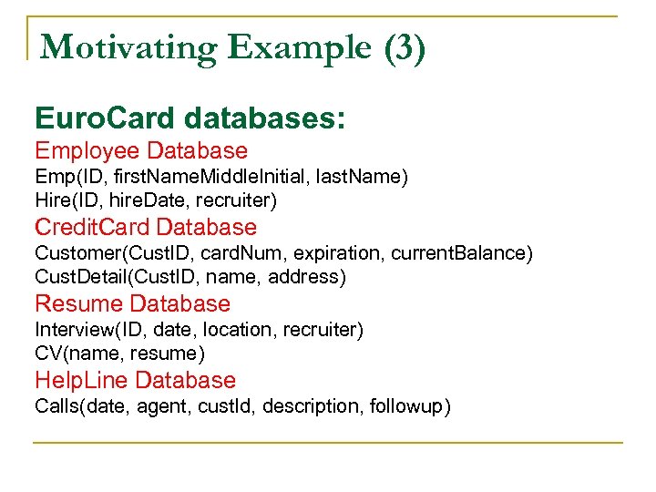 Motivating Example (3) Euro. Card databases: Employee Database Emp(ID, first. Name. Middle. Initial, last.