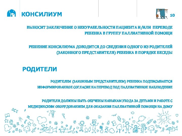 КОНСИЛИУМ 10 ВЫНОСИТ ЗАКЛЮЧЕНИЕ О НЕКУРАБЕЛЬНОСТИ ПАЦИЕНТА И/ИЛИ ПЕРЕВОДЕ РЕБЕНКА В ГРУППУ ПАЛЛИАТИВНОЙ ПОМОЩИ