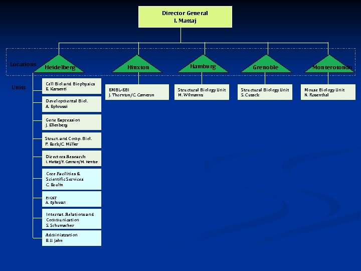 Director General I. Mattaj Locations Units Heidelberg Cell Biol and Biophysics E. Karsenti Developmental