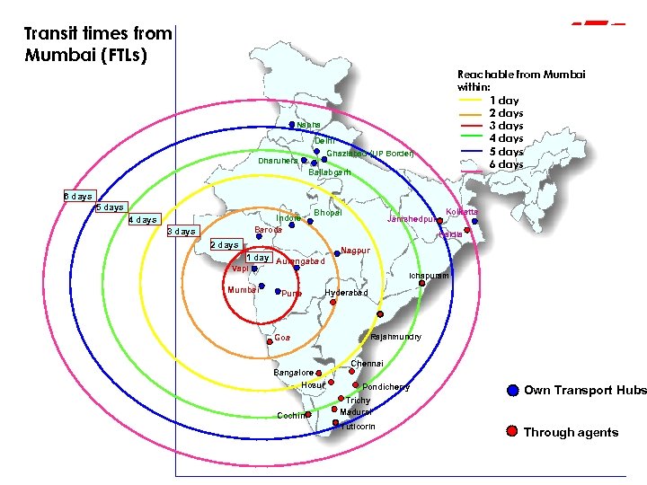 Transit times from Mumbai (FTLs) Reachable from Mumbai within: 1 day 2 days 3