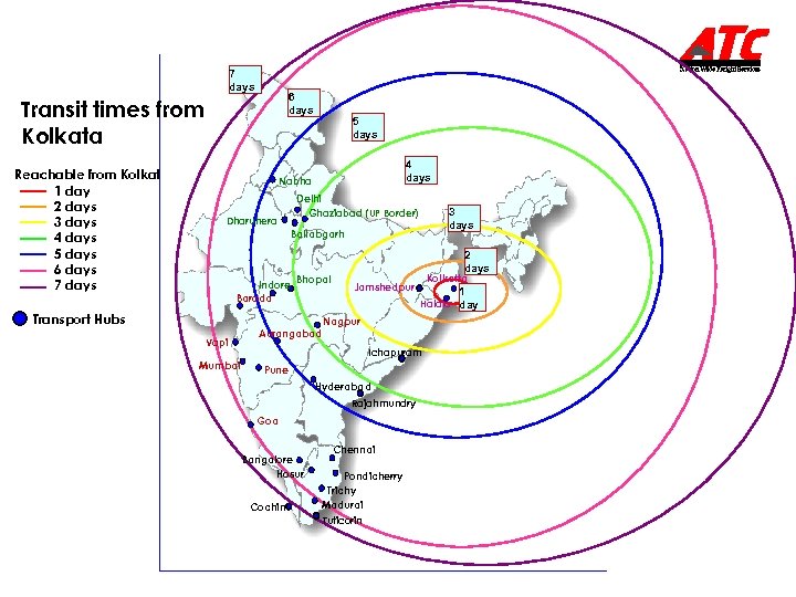 7 days 6 days Transit times from Kolkata Reachable from Kolkata within: 1 day