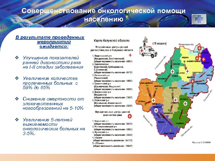 Совершенствование онкологической помощи населению В результате проведенных мероприятий ожидается: v Улучшение показателей ранней диагностики