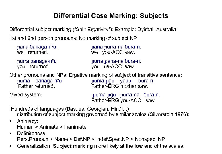 Differential Case Marking: Subjects Differential subject marking (“Split Ergativity”): Example: Dyirbal, Australia. 1 st