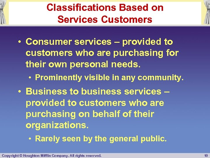 Classifications Based on Services Customers • Consumer services – provided to customers who are