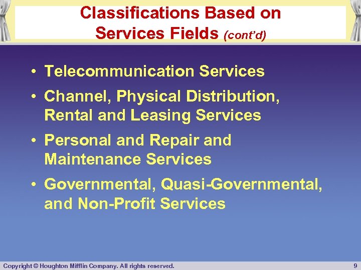 Classifications Based on Services Fields (cont’d) • Telecommunication Services • Channel, Physical Distribution, Rental
