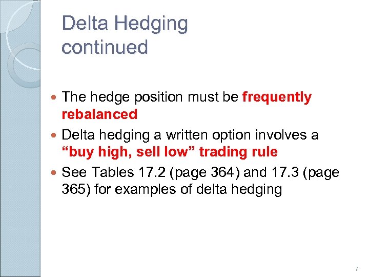 Delta Hedging continued The hedge position must be frequently rebalanced Delta hedging a written
