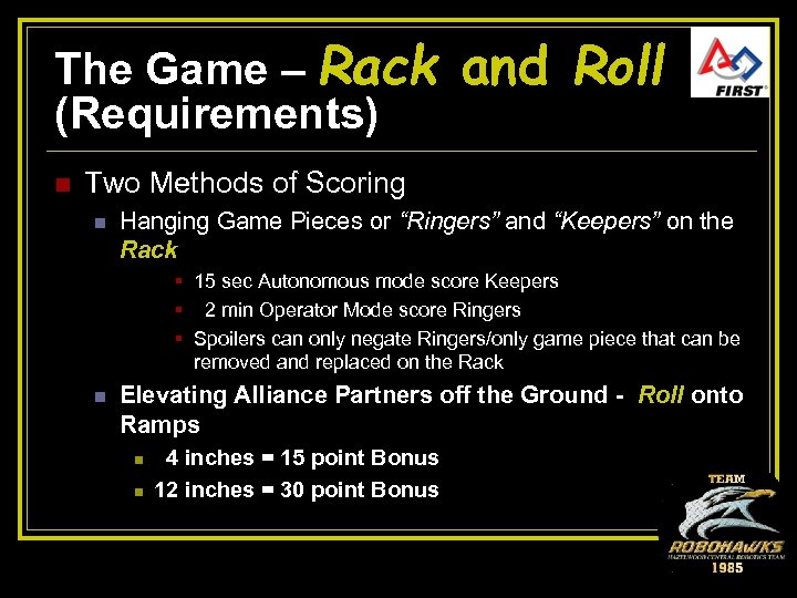 The Game – Rack (Requirements) n and Roll Two Methods of Scoring n Hanging
