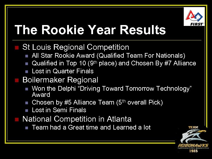 The Rookie Year Results n St Louis Regional Competition n n Boilermaker Regional n