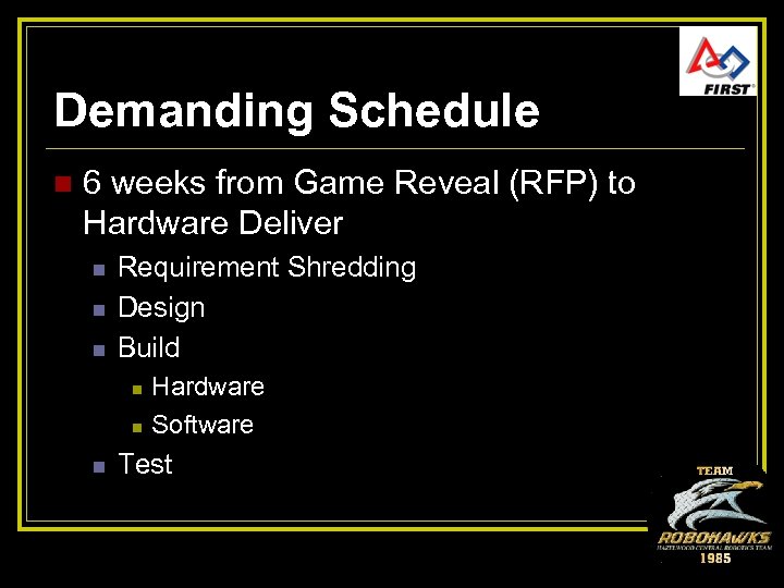 Demanding Schedule n 6 weeks from Game Reveal (RFP) to Hardware Deliver n n