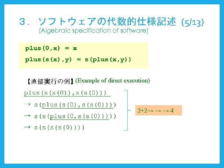 ３．ソフトウェアの代数的仕様記述 (5/13) (Algebraic specification of software) (Example of direct execution) 2+2→ → → 4