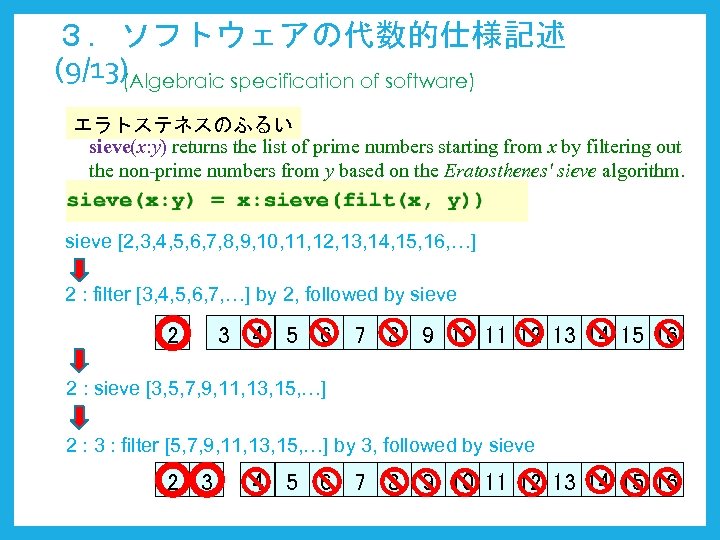 ３．ソフトウェアの代数的仕様記述 (9/13) (Algebraic specification of software) エラトステネスのふるい sieve(x: y) returns the list of prime