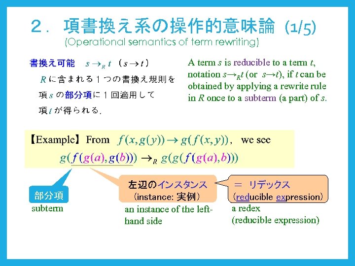 ２．項書換え系の操作的意味論 (1/5) (Operational semantics of term rewriting) A term s is reducible to a