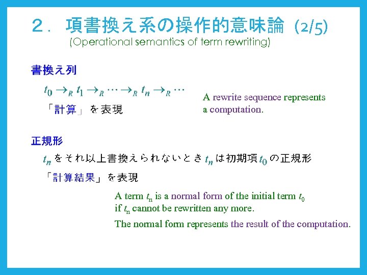 ２．項書換え系の操作的意味論 (2/5) (Operational semantics of term rewriting) A rewrite sequence represents a computation. A