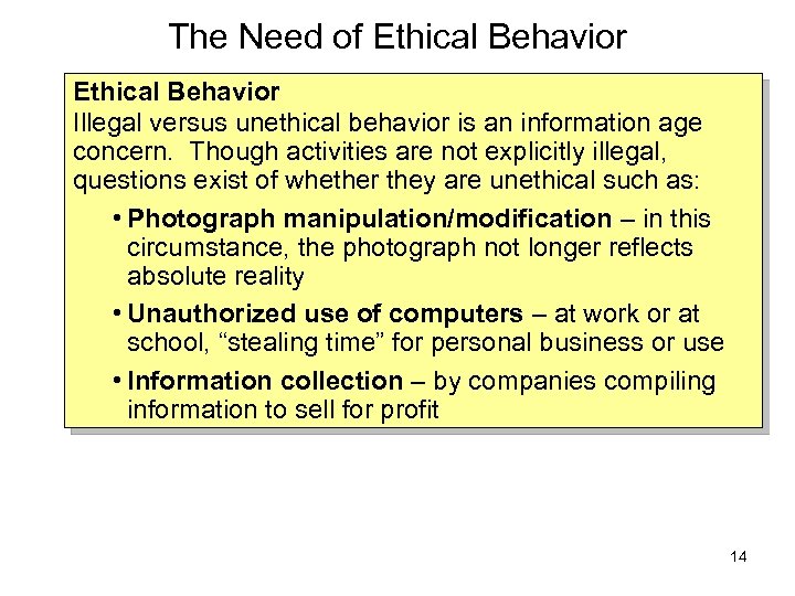 The Need of Ethical Behavior Illegal versus unethical behavior is an information age concern.