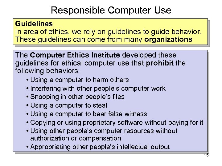Responsible Computer Use Guidelines In area of ethics, we rely on guidelines to guide