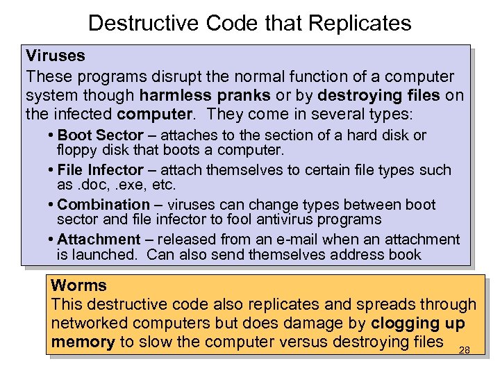 Destructive Code that Replicates Viruses These programs disrupt the normal function of a computer